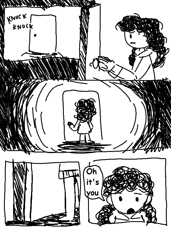 page 2, the person gets out of their chair and goes to open the door. Their hand hovers over the door knob